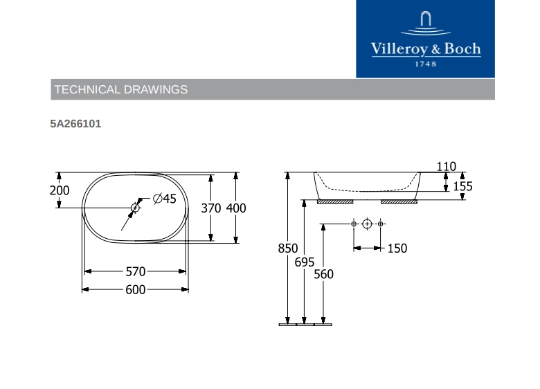 Раковина чаша овальная Villeroy & Boch Architectura 600х400, белая